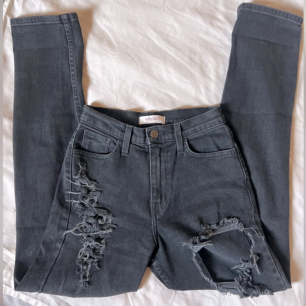 Black distressed straight leg pants. Size 24 / Size 1